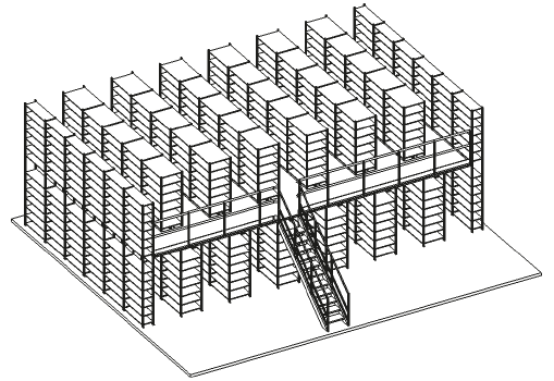 Schéma plateforme sur rayonnages deux niveaux